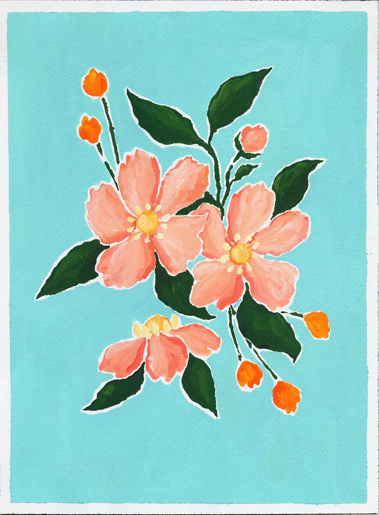 9x12 acrylic painting on paper of a bouquet of pink anemones with deep green leaves and two sprays of orange buds 