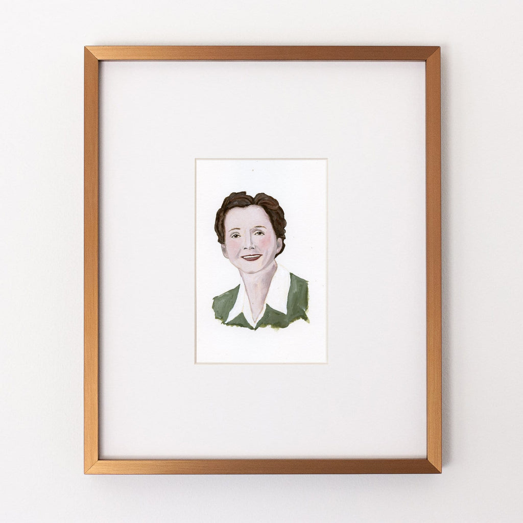Rachel Carson portrait in gouache by Liz Langley framed in antique gold frame