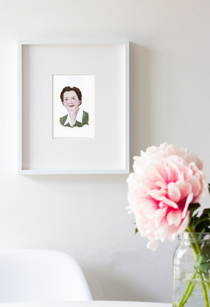 Rachel Carson portrait in gouache by Liz Langley framed in white frame