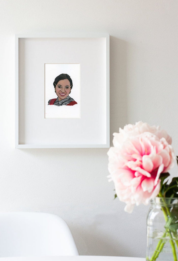 Rosa Parks portrait in gouache by Liz Langley framed in whiteframe
