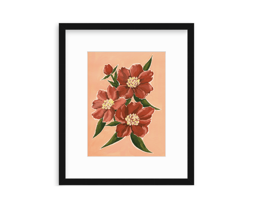 9x12 original acrylic gouache painting of a bunch of vibrant deep red peonies with green leaves on a light salmon pink background, shown framed in a slim black frame by Framebridge
