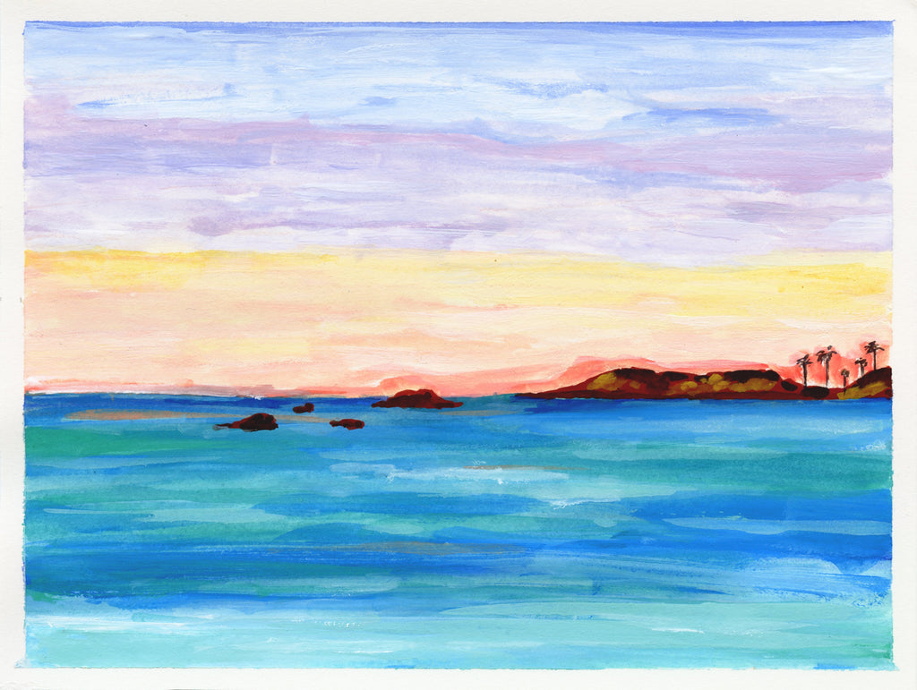 6x8 inch gouache seascape painting on paper captures the sunset sky and sky views at Punta Mita in Mexico. 