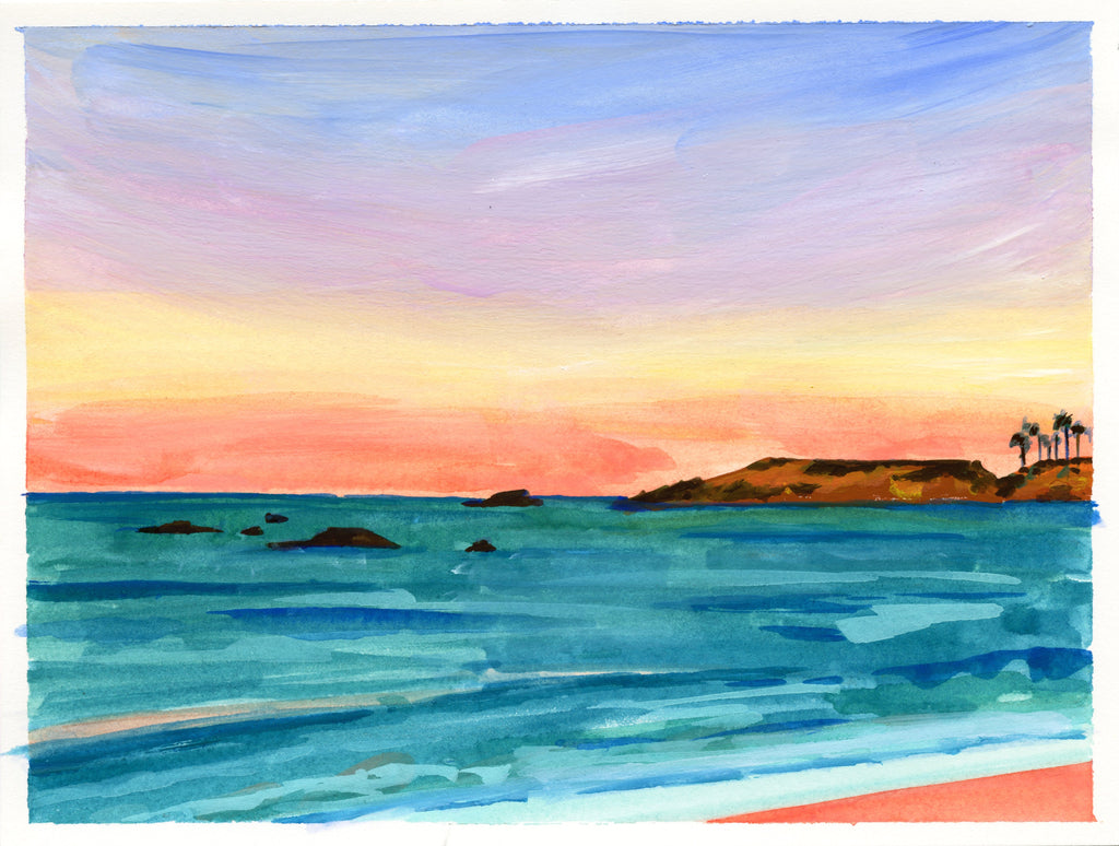 6x8 inch gouache seascape painting on paper captures the sunset sky and sea views at Punta Mita in Mexico. Deep blue, purple, golden yellow and coral sweep across the sky, and the sea is deep aqua, turquoise and blue, with coral highlights on the water and beach. A few rocky outcroppings dot the ocean, along with a cluster of palms on the distant peninsula. 