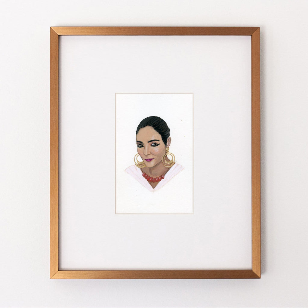 Shirin Neshat portrait in gouache by Liz Langley framed in antique gold frame