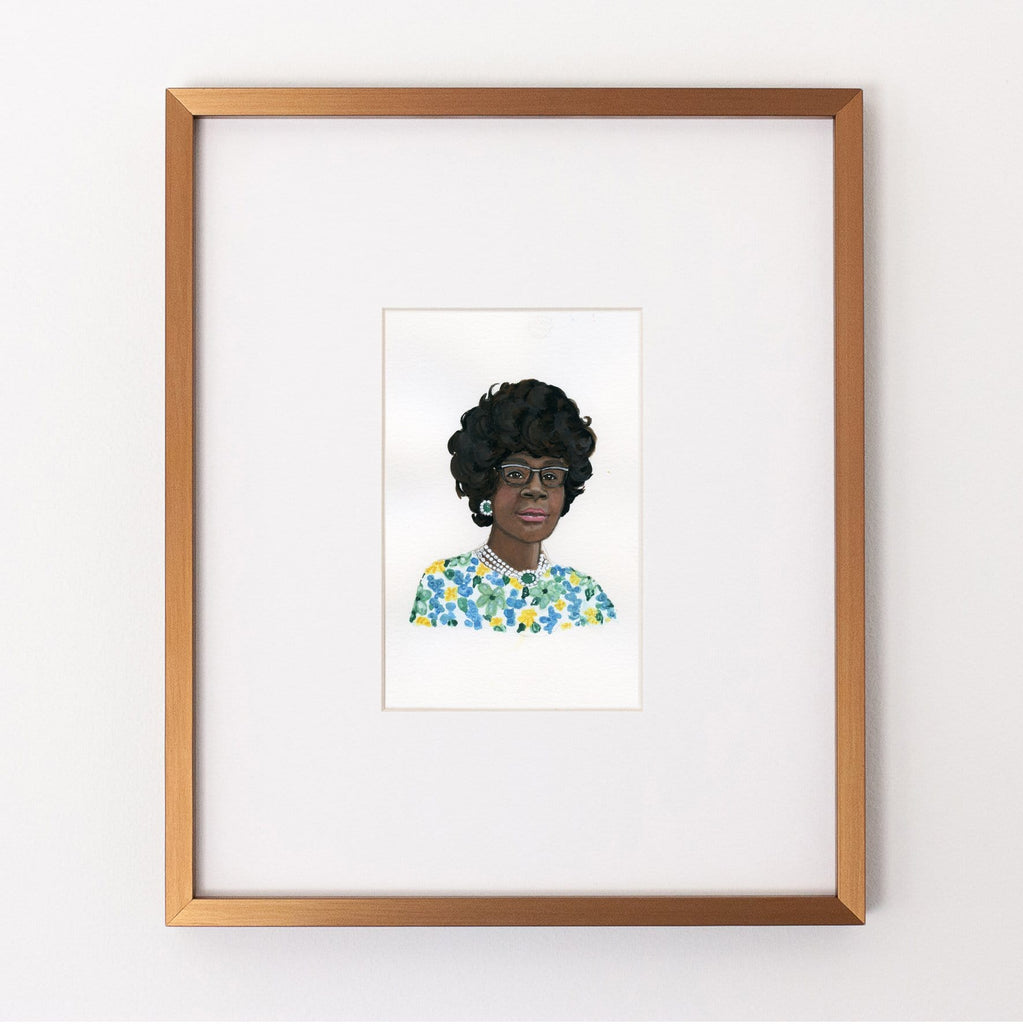 Shirley Chisholm portrait in gouache by Liz Langley framed in antique gold frame