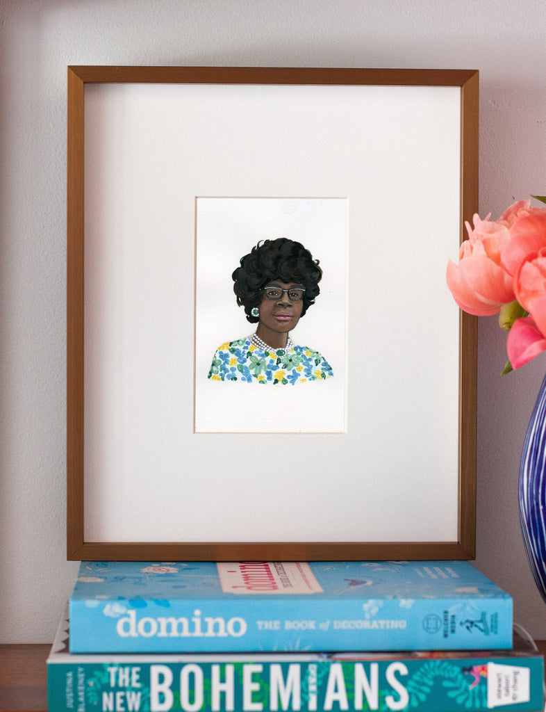 Shirley Chisholm portrait in gouache by Liz Langley framed in antique gold frame