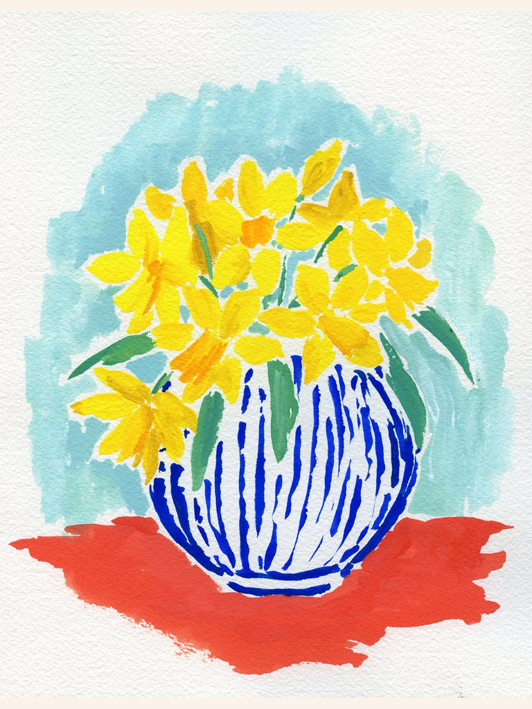 7w x 9h inch acrylic painting of yellow daffodils in a blue and white vase on a pale blue and vermilion background by Liz Langley.