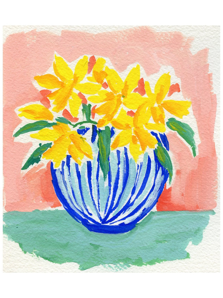 4.75w x 5h inch acrylic painting of yellow daffodils in a blue and white vase on a coral pink and sea green background by Liz Langley.