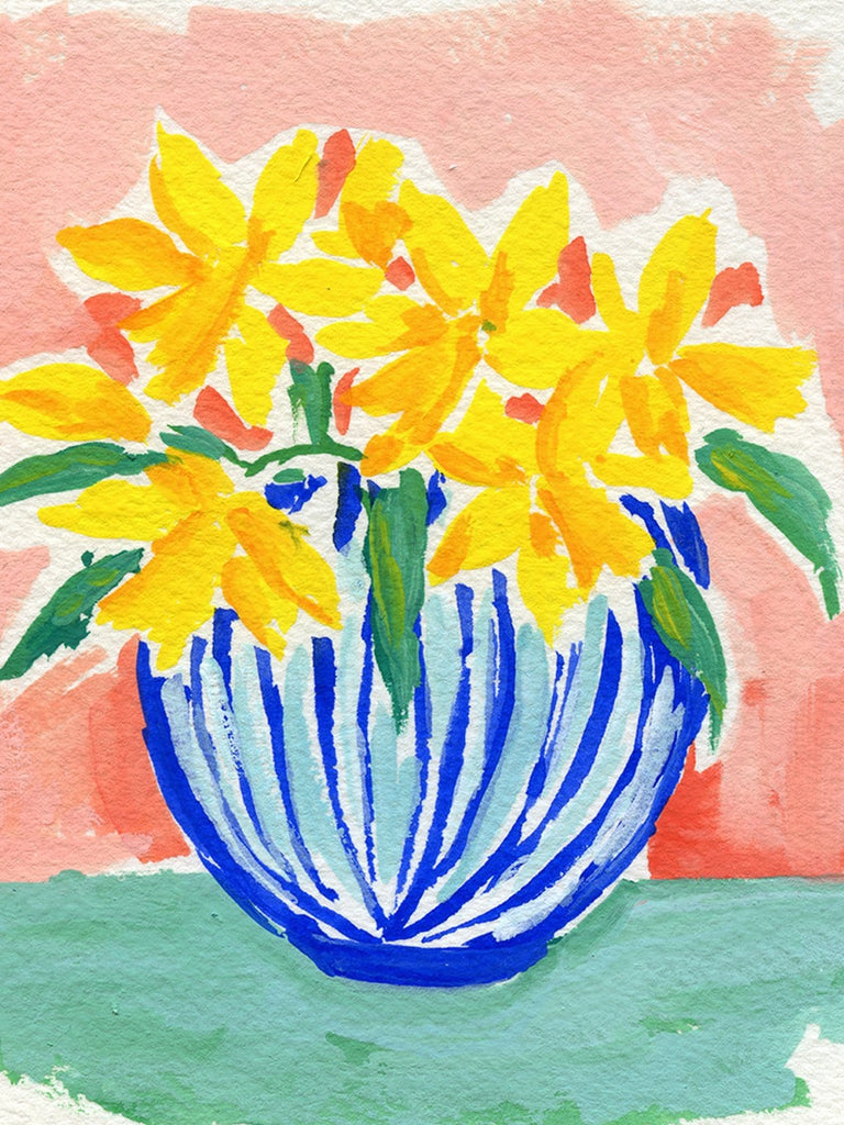 4.75w x 5h inch acrylic painting of yellow daffodils in a blue and white vase on a coral pink and sea green background by Liz Langley.
