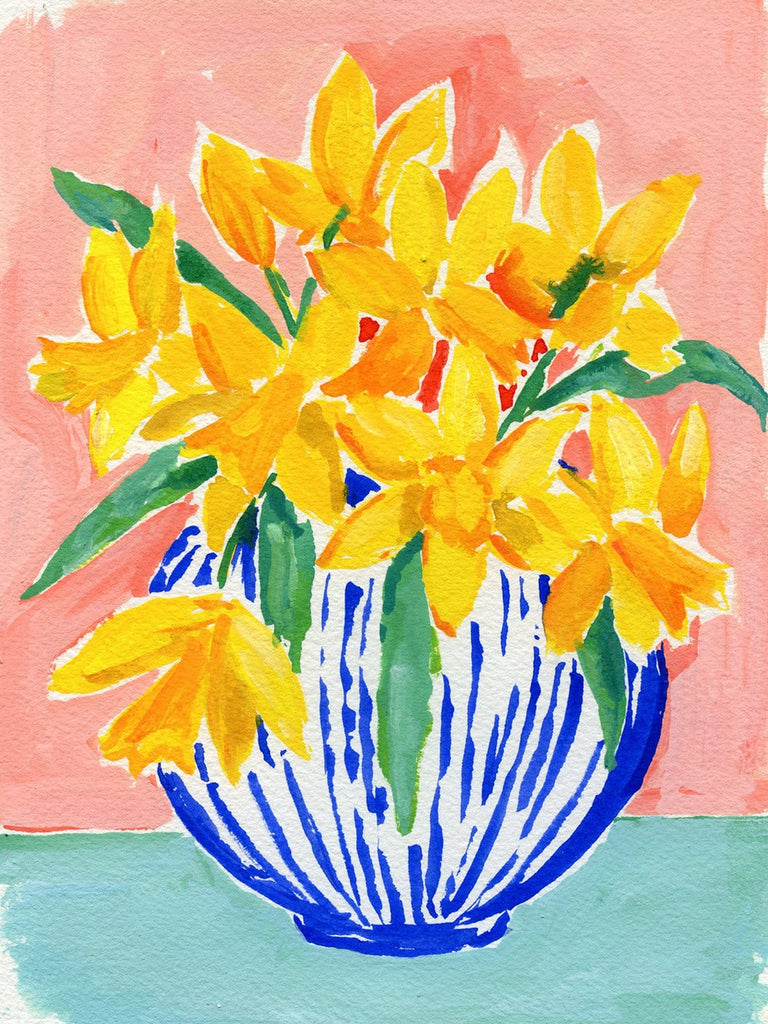 6.5w x 9h inch acrylic painting of yellow daffodils in a blue and white vase on a coral pink and sea green background by Liz Langley.