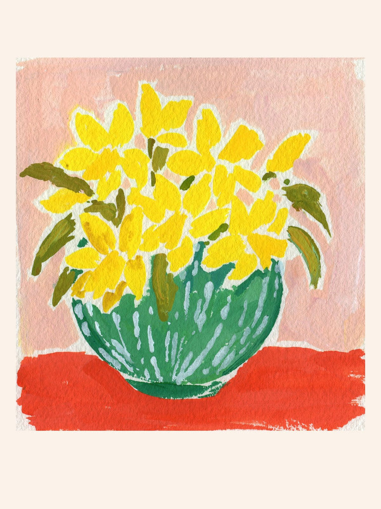 4.25x4.5 inch painting of yellow daffodils in a green and white striped vase on a red surface with a pink background by Liz Langley.