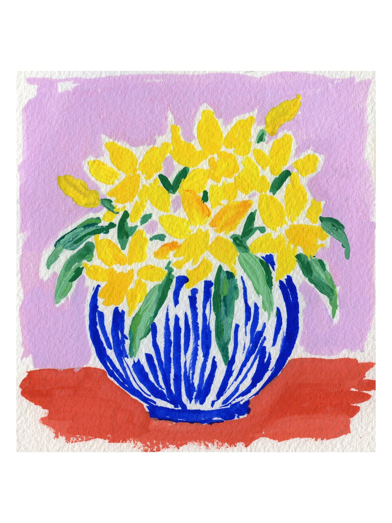 4.25x4.5 inch painting of daffodils in a blue and white striped vase on a red surface with a lilac-colored ground by Liz Langley.