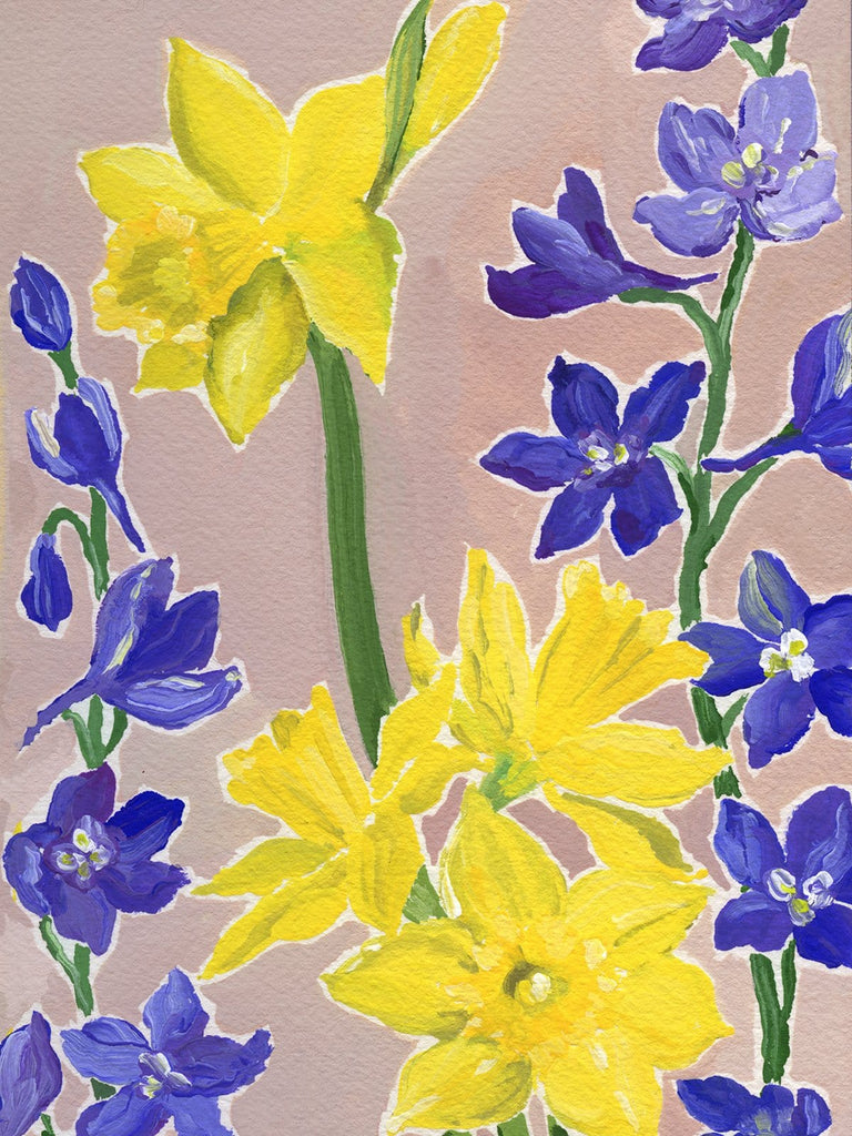 6x9 inch daffodil and delphinium acrylic painting on paper by Liz Langley in lemon yellows and deep purple blues with a greyed lavender background. This photo is cropped to a 4:5 aspect ratio.