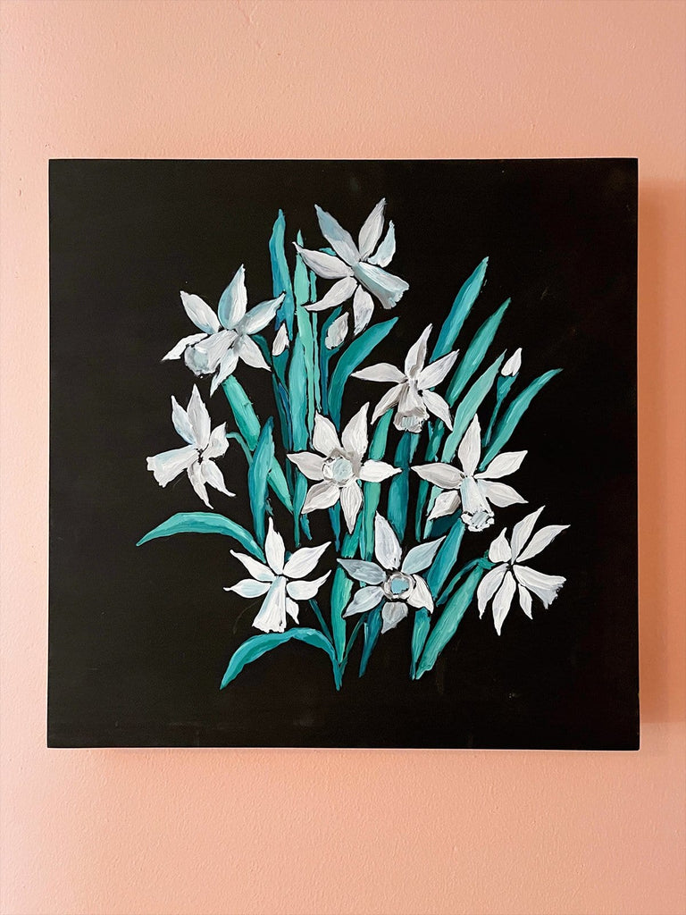 12x12  inch oil painting of white narcissus  on a velvety black background by Liz Langley.