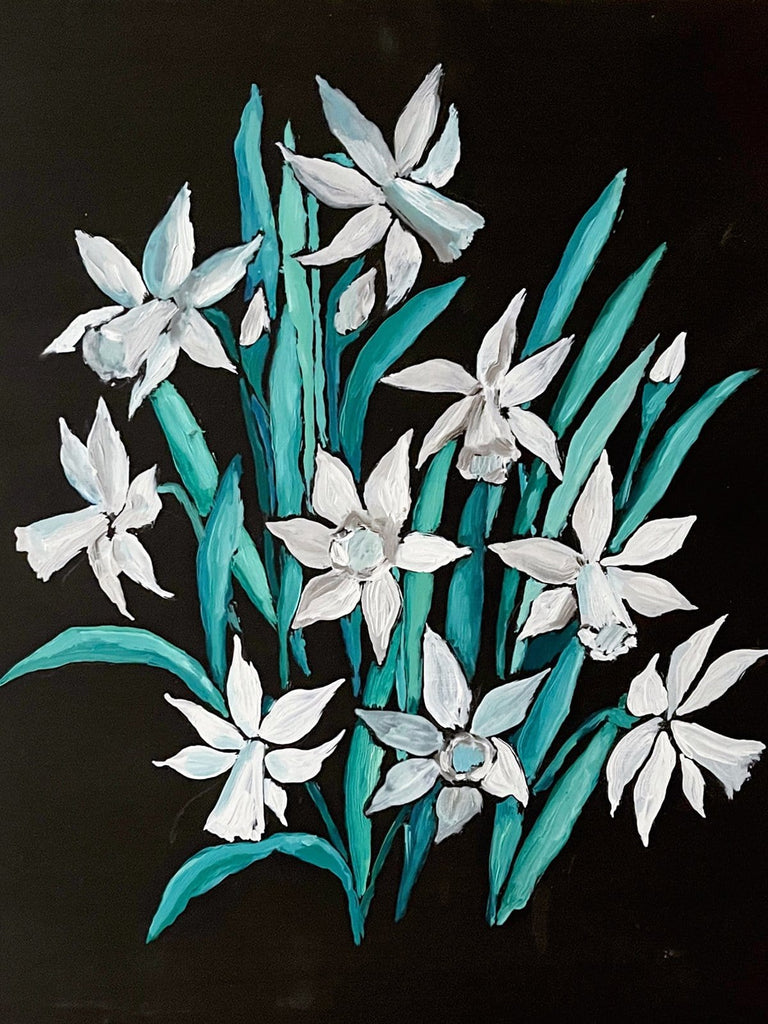 12x12  inch oil painting of white narcissus  on a velvety black background by Liz Langley.
