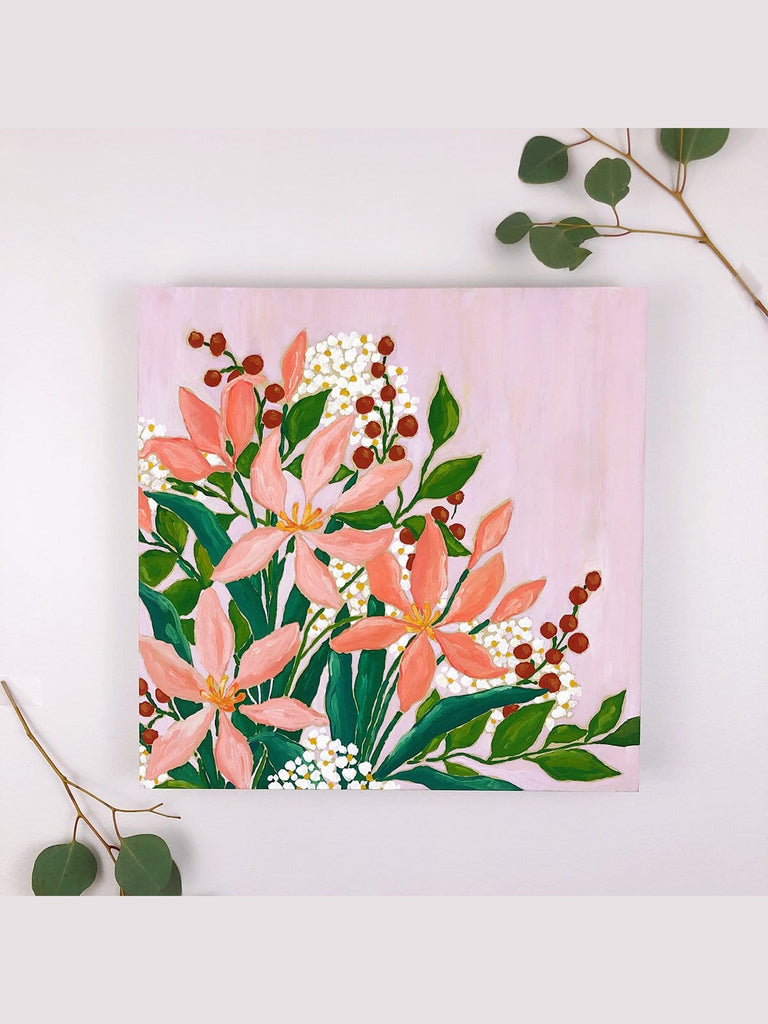 12x12 inch acrylic painting of a bouquet with pink lilies, vibrant green leaves, rust red berries and clouds of white and yellow tiny flowers on a warm lavender background by Liz Langley.