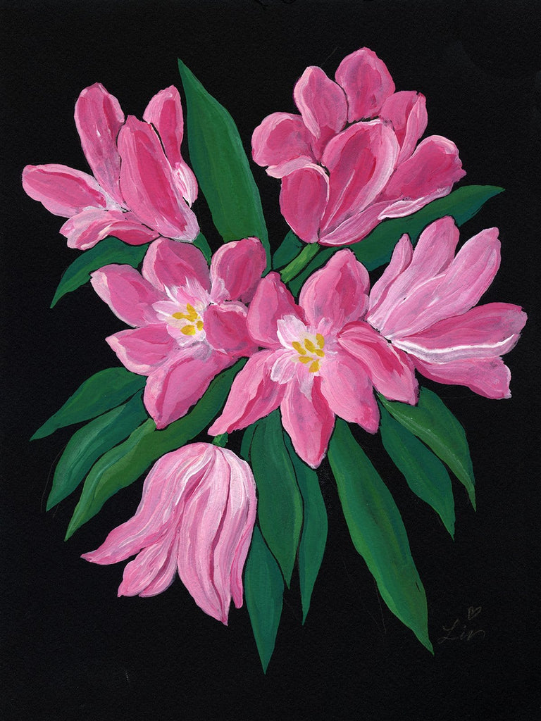 9x12 inch acrylic painting of bright pink tulips with vibrant green leaves on black paper by Liz Langley.