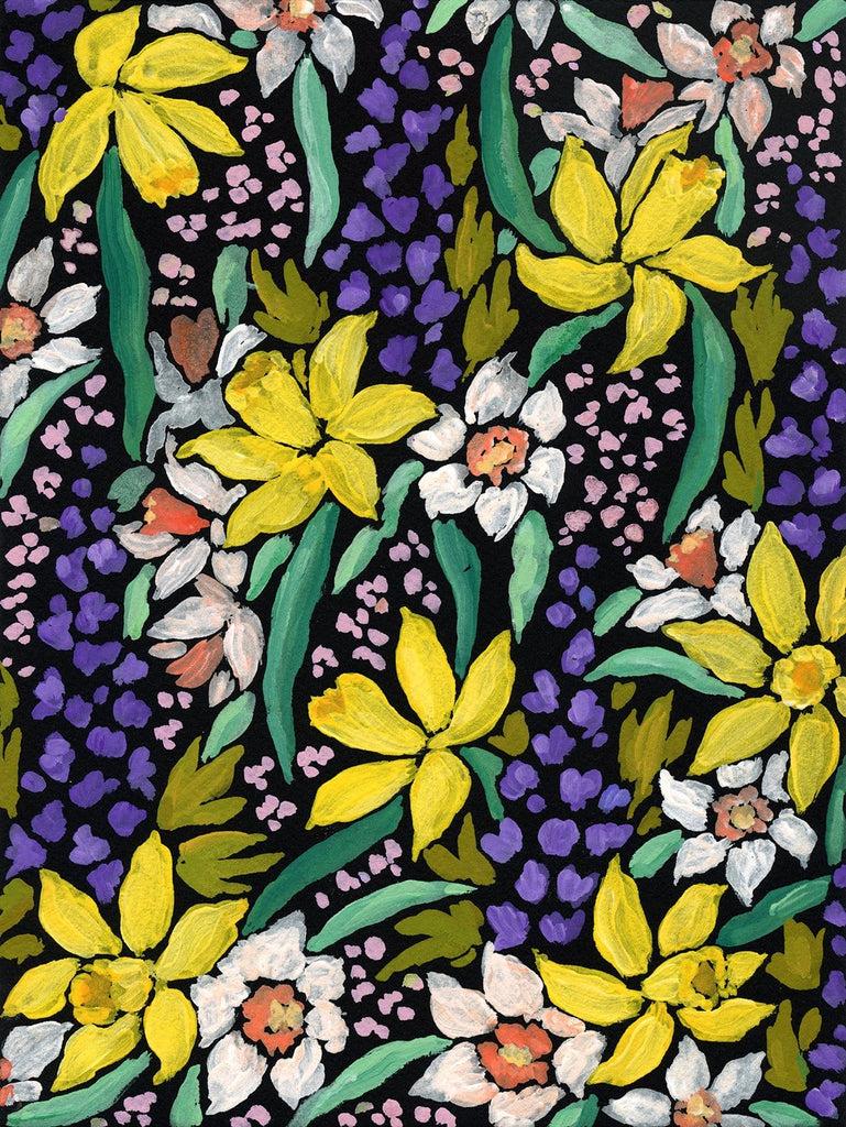 9x12 acrylic painting of yellow daffodils, pale peach narcissus, and purple hyacinth on black paper by Liz Langley. 