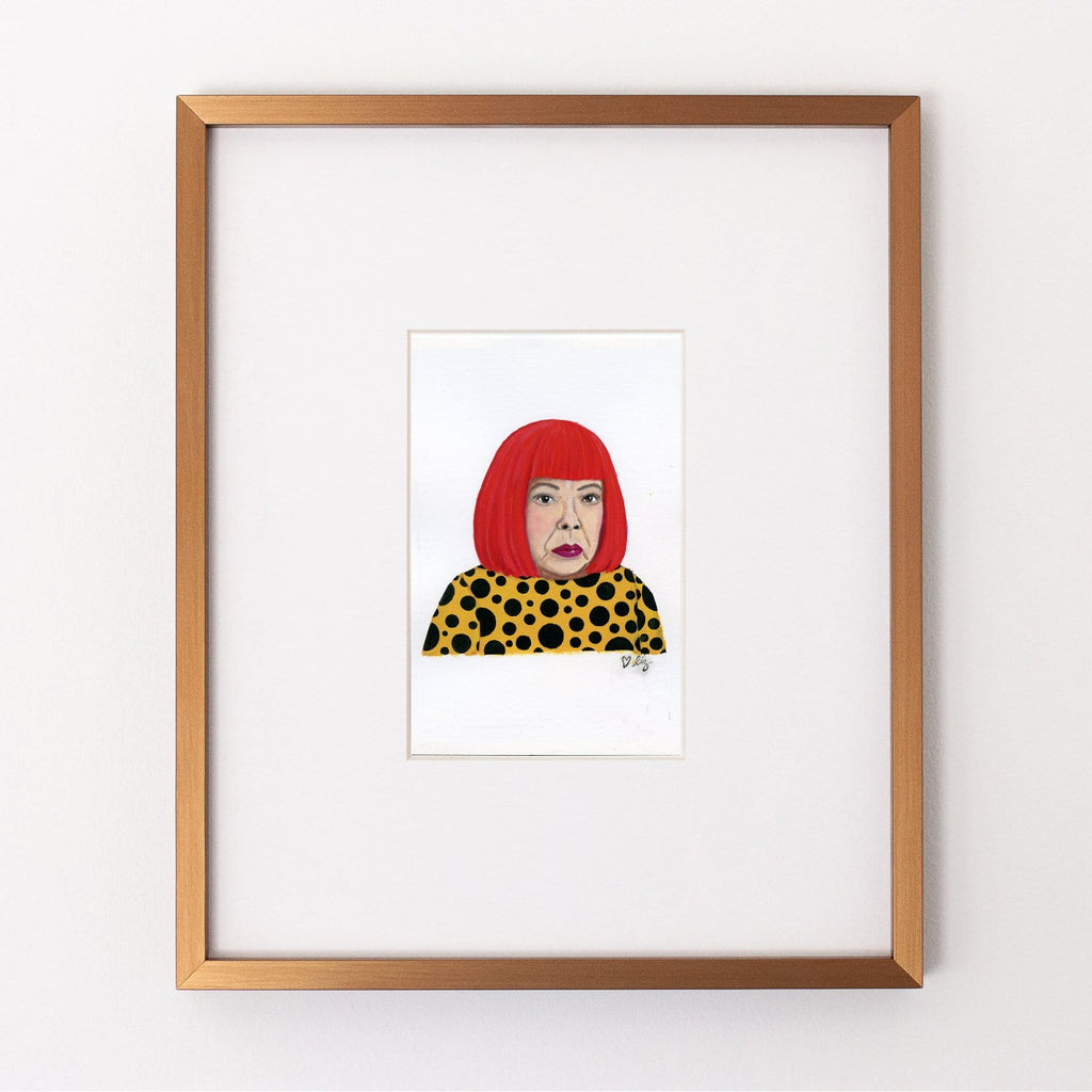 Yayoi Kusama portrait in gouache by Liz Langley framed in antique gold frame