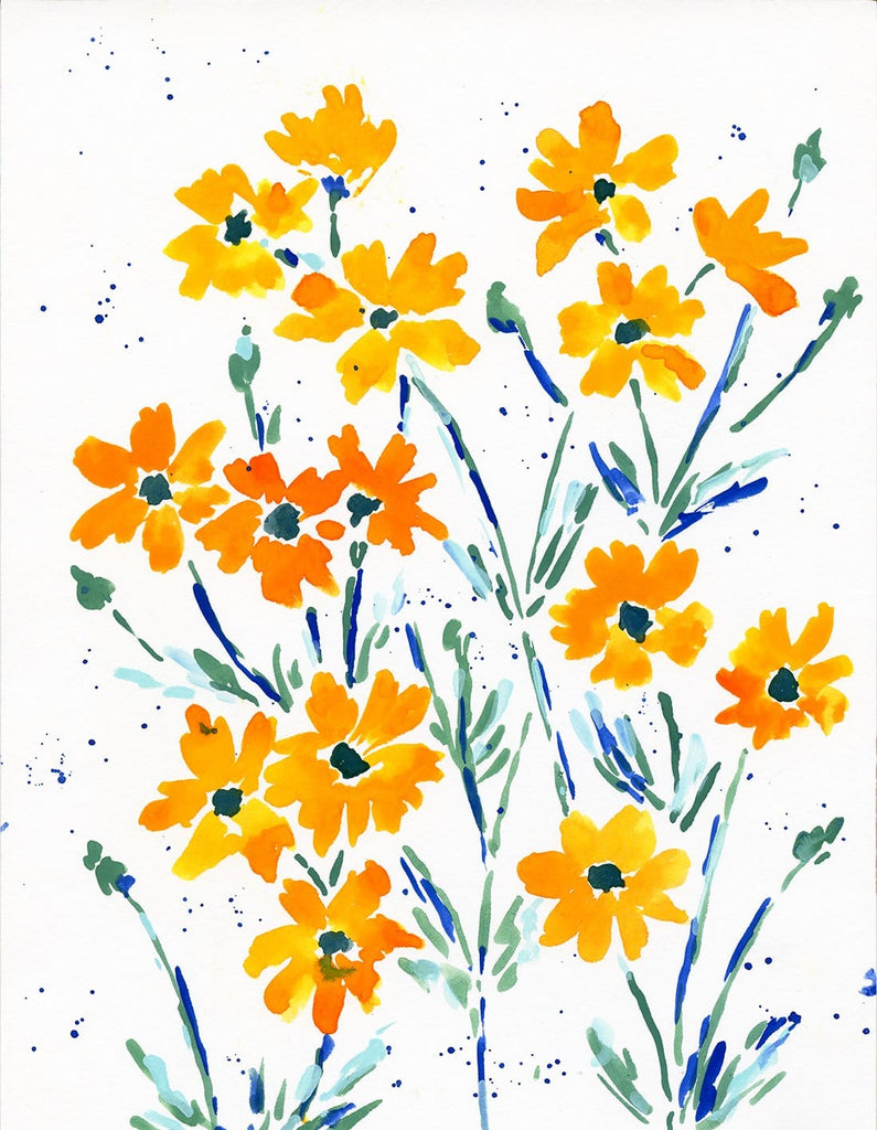 Gestural golden yellow cosmos with feathery blue and green leaves dance across the smooth surface of this painting on paper. A splatter of navy blue paint adds to the movement of this 9x12 piece. 