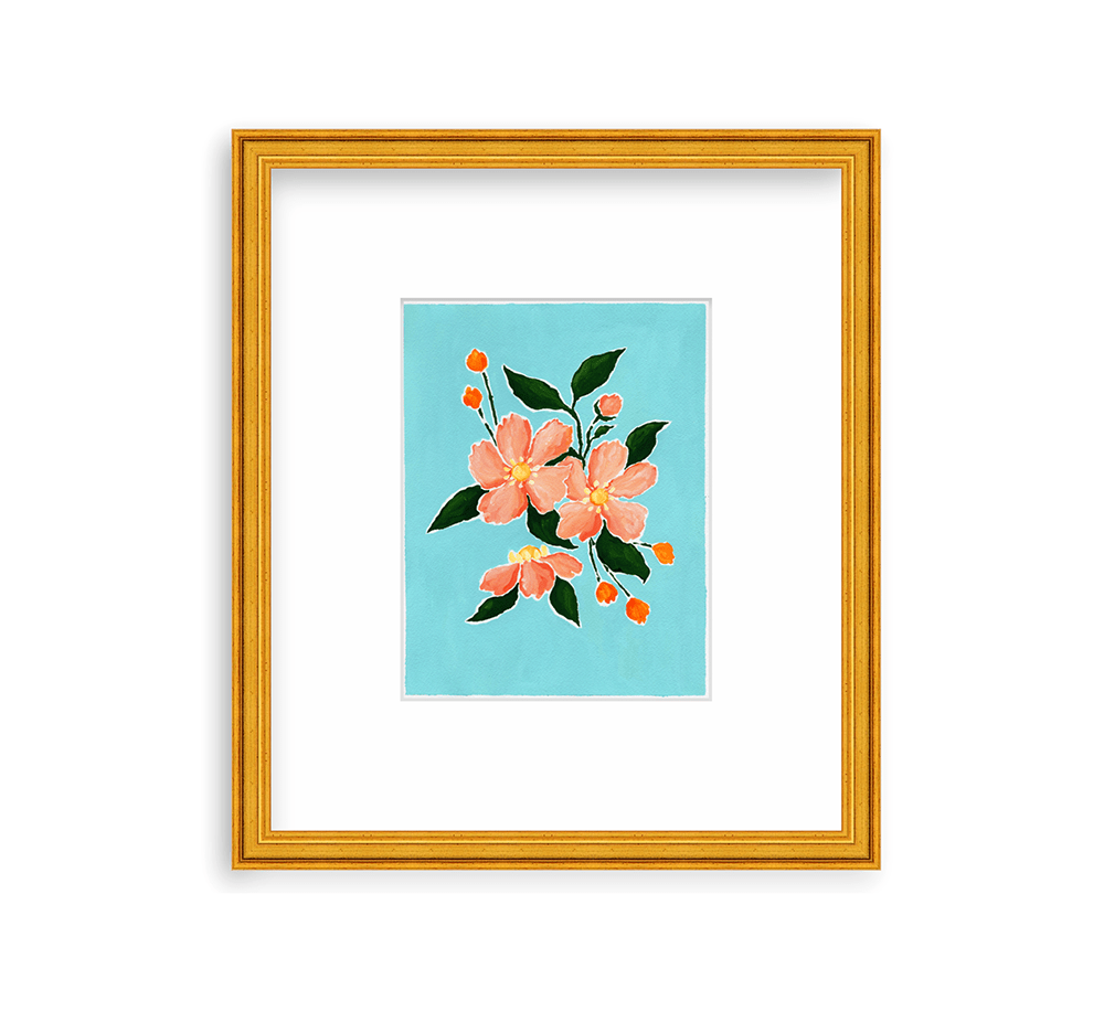 9x12 acrylic painting on paper of a bouquet of pink anemones with deep green leaves and two sprays of orange buds framed in a gold frame by framebridge