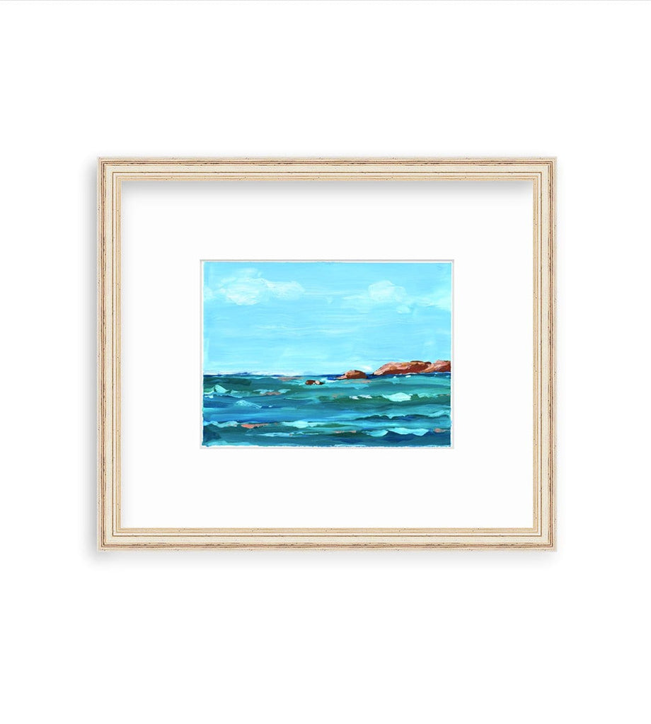 6x8 inch acrylic seascape painting on paper captures the daytime sky and sea views at Punta Mita in Mexico. The sky is bright blue withe a couple of clouds wisping across the sky, and the sea is deep aqua, turquoise and blue, with coral highlights on the water. A few rocky outcroppings dot the ocean. It is matted in an off white and distressed gold frame by framebridge. 